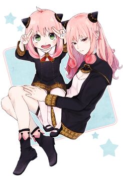  2girls absurdres anya_(spy_x_family) ashe_(rengoku_no_ashe) black_capelet black_dress black_footwear blush boots breasts capelet child cleavage closed_mouth collared_shirt creator_connection curly_hair dress eyelashes full_body green_eyes hair_between_eyes hair_ornament hand_gesture highres horn_ornament horns kotochi_re lips long_hair look-alike looking_at_viewer mary_janes medium_hair multiple_girls neck_ribbon open_mouth pink_eyes pink_hair rengoku_no_ashe ribbon shirt shoes simple_background sitting sitting_on_lap sitting_on_person small_breasts smile socks spy_x_family star_(symbol) trait_connection white_background white_shirt  rating:General score:16 user:GAnonymous