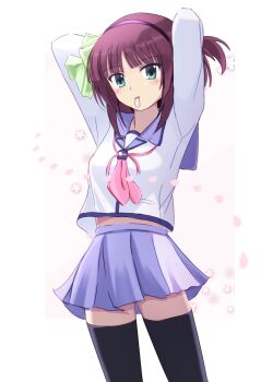  1girl angel_beats! black_thighhighs commentary_request cowboy_shot green_eyes hair_tie_in_mouth hairband highres lelie_(lelie_link) long_sleeves looking_at_viewer midriff_peek mouth_hold nakamura_yuri pleated_skirt purple_hair purple_hairband purple_skirt school_uniform shinda_sekai_sensen_uniform shirt short_hair skirt solo standing thighhighs tying_hair white_background white_shirt zettai_ryouiki 