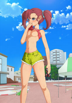  1girl bakusou_kyoudai_let's_&amp;_go!! bakusou_kyoudai_let's_&amp;_go!!_max bare_shoulders blue_eyes blue_ribbon blue_sky blush breasts breasts_out building clothes_lift cloud crop_top day dedenchuu denim denim_shorts eyebrows facing_viewer feet_out_of_frame female_focus fingernails from_below green_shorts hair_ribbon hand_up highres holding legs_apart lifting_own_clothes medium_breasts navel nipples no_bra oogami_marina outdoors red_hair ribbon shiny_skin shirt shirt_lift short_hair short_shorts shorts sky sleeveless sleeveless_shirt smelling solo standing sweat tank_top thighs toy_car twintails wiping_face wiping_sweat wiping_with_clothes  rating:Questionable score:60 user:Nanami