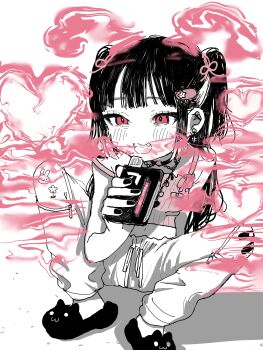  1girl :3 animal_slippers camisole colored_smoke commentary crop_top electronic_cigarette fang half-closed_eyes hand_up highres long_hair looking_at_viewer midriff nail_polish navel official_art pants pink_camisole pink_eyes promotional_art s_momokichi shadow simple_background sitting slippers smile smoke smoke_heart smoking solo spaghetti_strap spread_legs strap_slip sweatpants symbol-only_commentary two_side_up vapengin white_background 