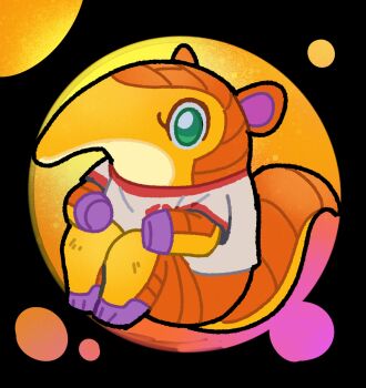  1girl anabelle_(animal_crossing) animal_crossing black_background circle_background green_eyes hands_on_own_knees highres kopa_nishikida nintendo shirt sitting t-shirt  rating:Sensitive score:1 user:liquorice