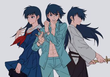 1boy abs black_hakama blue_hair blue_sailor_collar bound bound_wrists crossdressing crossdressing_(mtf) cuffs gakuen_taikutsu_otoko hakama hakama_skirt handcuffs japanese_clothes kendo looking_at_viewer male_focus midou_tatsuma morisenn multiple_persona neckerchief pleated_skirt restrained sailor_collar school_uniform serafuku simple_background skirt sword violence_jack weapon white_background wooden_sword