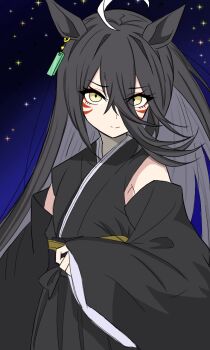  1girl ahoge animal_ears blonde_hair blue_kimono closed_mouth commentary_request detached_sleeves ear_ornament ear_tag earrings facial_mark hair_between_eyes highres horse_ears horse_girl japanese_clothes jewelry kimono long_hair long_hair_between_eyes long_sleeves looking_at_viewer manhattan_cafe_(umamusume) multicolored_hair single_earring sky sleeveless sleeveless_kimono smile solo split_mouth star_(sky) starry_sky umamusume user_rmus7348 very_long_hair whisker_markings white_hair wide_sleeves 