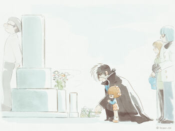  2girls 3boys artist_name beret black_coat black_footwear black_gloves black_hair black_jack_(character) black_jack_(series) black_pants blue_headwear blue_pants blue_ribbon blue_shirt blunt_bangs bob_cut bow brown_hair closed_eyes closed_mouth coat crying dress flower from_side full_body glasses gloves grave graveyard green_jacket green_skirt grey_headwear hair_bow hat highres holding holding_unworn_clothes holding_unworn_hat jacket kager_en leaning_on_object long_sideburns long_sleeves multicolored_hair multiple_boys multiple_girls multiple_hair_bows mystical_high_collar neck_ribbon orange_eyes pants patchwork_skin pinafore_dress pink_bow pink_dress pink_shoes praying rainbow_parakeet rainbow_parakeet_(character) ribbon scar scar_on_face senri_mariko shirt shoes short_hair sideburns skirt sleeveless sleeveless_dress smile socks split-color_hair squatting standing tezuka_osamu_(character) thick_eyebrows tombstone twitter_username two-tone_hair u_u unworn_hat unworn_headwear watercolor_effect white_coat white_flower white_hair white_shirt white_socks 