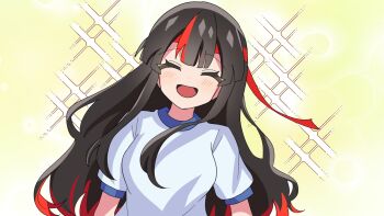 1girl artist_request black_hair closed_eyes commentary_request dragon_musume_ni_naritakunai! duel_masters godai_dora gym_shirt hachimaki headband highres long_hair multicolored_hair official_art open_mouth red_hair shirt solo sparkle sparkling_aura upper_body white_shirt 