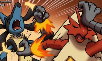 :o artist_name blaziken claws colored_skin fangs fire furry gem gen_3_pokemon gen_4_pokemon highres humiliation injury jujutsu_kaisen lucario meme motion_blur motion_lines naoya_hitting_choso_without_looking_(meme) nintendo no_eyes no_humans open_mouth parody pokemon pokemon_(creature) pokemon_focus punching red_gem spcrashworks