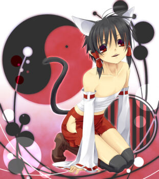  1boy animal_ears arm_support bandaged_torso bare_shoulders black_hair black_socks black_tail boots brown_boots cat_ears cat_tail circle clothing_cutout collarbone commentary_request detached_sleeves full_body genderswap genderswap_(ftm) gradient_background groin hair_between_eyes hair_tubes hakurei_reimu hip_vent iy_(undecided) kneehighs leaning_forward looking_at_viewer male_focus neko_miko_reimu outer_glow outline parted_lips pleated_shorts red_eyes red_shorts ribbon-trimmed_sleeves ribbon_trim short_hair short_shorts shorts sidelocks sleeves_past_wrists smile socks squatting tail teeth touhou trap upper_teeth_only white_outline white_sleeves wide_sleeves yin_yang 