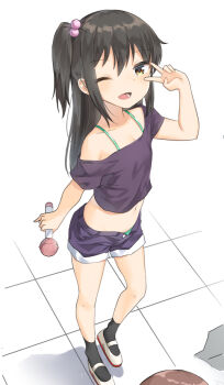 1girl :d ;d adachi_tenka arched_back arm_up bad_id bad_pixiv_id bare_legs bare_shoulders black_socks blush breasts brown_eyes brown_hair child collarbone dot_nose female_focus from_above full_body hair_between_eyes hair_bobbles hair_ornament holding holding_microphone long_hair lower_teeth_only microphone midriff multiple_girls navel noria off-shoulder_shirt off_shoulder one_eye_closed one_side_up open_mouth partially_unzipped perspective purple_shirt purple_shorts sayama_chie shirt shoes short_shorts short_sleeves shorts shoujo_ramune small_breasts smile socks solo_focus spaghetti_strap standing standing_on_one_leg strapless teeth tsurime tube_top uwabaki v v_over_eye very_long_hair white_footwear wink rating:Sensitive score:184 user:danbooru
