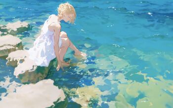 0k_sic 1girl bare_arms barefoot blonde_hair closed_eyes dress feet_in_water ocean original sitting solo water white_dress