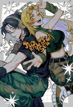  1boy 1girl belt black_belt black_hair black_shirt blonde_hair choso_(jujutsu_kaisen) copyright_name fangs green_pants headphones highres jujutsu_kaisen neg_50asu open_mouth orange_eyes pants ribbed_shirt shirt shoes sneakers tsukumo_yuki_(jujutsu_kaisen) 