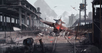  absurdres aerial_battle aircraft airplane battle building crash_landing day dogfight drum_(container) grey_sky highres hutao_li military_vehicle no_humans original outdoors propeller_fighter railroad_tracks scenery shot_down sky train_station 