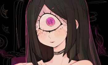  1girl black_background black_choker black_hair choker closed_mouth commentary cyclops kimetsu_no_yaiba long_hair looking_at_viewer nakime_(kimetsu_no_yaiba) one-eyed parted_bangs pink_eyes portrait solo text_in_eyes usa37107692 veins wide-eyed 