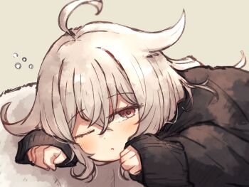  1girl ahoge black_sweater commentary_request hair_ornament highres long_sleeves looking_at_viewer mayu_(meguru_1225) meguru_1225 one_eye_closed original red_eyes sleeves_past_wrists solo sweater white_hair 