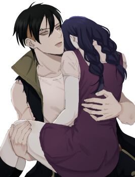  1boy 1girl black_hair black_socks blonde_hair boruto:_two_blue_vortex braid carrying coat dress earrings eyebrow_piercing face_piercing facial_tattoo highres ifevilwhyuhot jewelry kakei_sumire kawaki_(boruto) low_twin_braids naruto_(series) piercing princess_carry purple_dress short_dress sleeveless sleeveless_coat socks stud_earrings tattoo torn_clothes torn_sleeves twin_braids white_eyes 