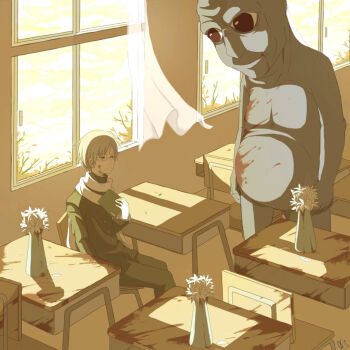  1boy 1other 2015 ao_oni blood blood_stain classroom evil_smile flower glasses height_difference kairikonoha monster school school_uniform smile sunlight the_oni_(ao_oni) white_hair window 