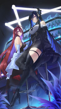  2girls absurdres asymmetrical_horns backless_dress backless_outfit bar_(place) bare_shoulders black_boots black_hair black_horns blue_fire blue_hair blush boots breasts commentary demon_horns dress earrings elizabeth_rose_bloodflame elizabeth_rose_bloodflame_(1st_costume) fire full_body halter_dress halterneck high_heel_boots high_heels highres hololive hololive_english horns indoors jewelry kai_(kkai811) large_breasts long_hair mole mole_under_eye multicolored_hair multiple_girls nerissa_ravencroft nerissa_ravencroft_(1st_costume) nightclub purple_eyes red_eyes red_hair shirt two-tone_hair uneven_horns virtual_youtuber white_dress white_shirt 