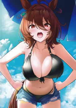  1girl :o absurdres agnes_tachyon_(umamusume) ahoge bikini black_bikini blue_shorts blue_sky bouncing_breasts breasts brown_hair collarbone cowboy_shot day denim denim_shorts front-tie_bikini_top front-tie_top hair_between_eyes hand_on_own_hip herohero_(higashi_no_dou) highres large_breasts leaning_forward looking_at_viewer micro_shorts non-web_source o-ring o-ring_top open_fly open_mouth outdoors parasol red_eyes scan shorts sky solo standing swimsuit teeth torn_clothes torn_shorts umamusume umbrella upper_teeth_only v-shaped_eyebrows 