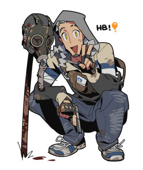  1boy blood blue_pants chinese_commentary commentary_request fukurau full_body grey_hair gun handgun head_on_pike holding holding_gun holding_weapon long_sleeves looking_at_viewer makarov_pm male_focus medium_hair open_mouth pants severed_head simple_background slav_squatting smile snork_(stalker) solo squatting stalker_(game) stalker_2:_heart_of_chornobyl v weapon white_background yellow_eyes 