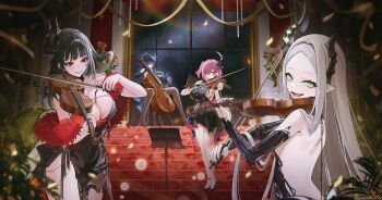  4girls :d alternate_costume back_bow backless_dress backless_outfit bahamut_(nikke) bare_shoulders behemoth_(nikke) black_bow black_dress black_gloves black_hair black_horns black_lips black_liquid black_nails black_shoes blunt_bangs bodystocking bow bow_(music) breasts chair cleavage closed_mouth collarbone commentary_request cowboy_shot dress ear_piercing earclip elbow_gloves feather_boa forehead four_beasts_(nikke) full_body glasses gloves goddess_of_victory:_nikke green_eyes grey_hair grin hair_between_eyes hair_intakes hair_over_one_eye high_heels highres holding holding_bow_(music) holding_instrument holding_violin horns indoors instrument laevan large_breasts leviathan_(nikke) liquid_clothes long_dress long_hair looking_at_viewer mole mole_under_mouth multicolored_hair multiple_girls music musical_note night on_chair one_side_up open_mouth parted_bangs piercing pink_bow pink_hair plant playing_instrument pointy_ears ponytail potted_plant red_eyes see-through_cleavage see-through_clothes sharp_teeth shoes short_dress sideboob sidelocks single_horn sitting small_breasts smile stairs standing strapless strapless_dress teeth tongue_piercing very_long_hair violin ziz_(nikke) 