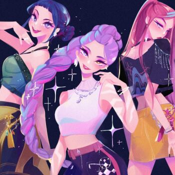  3girls black_eyeliner black_hair black_nails body_markings bracelet braid braided_ponytail commentary crop_top double_bun eyeliner eyeshadow hair_bun halterneck heterochromia jewelry kpop_demon_hunters long_hair looking_back makeup making-of_available mascara mira_(kpop_demon_hunters) multiple_girls pants pink_hair purple_hair rumi_(kpop_demon_hunters) short_bangs sidelocks skirt smile sparkle turtleneck twintails viencee yellow_skirt zoey_(kpop_demon_hunters) 