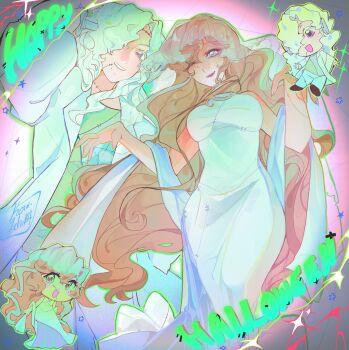  ;d absurdres alternate_costume arm_up blonde_hair blue_eyes breasts chibi coat commentary dress english_commentary english_text fangs feet_out_of_frame grin hair_over_one_eye happy_halloween highres koiii_(ichikakoiii) lab_coat long_dress long_hair one_eye_closed one_eye_covered open_mouth pants patchwork_clothes purple_eyes reverse:1999 shawl side-by-side skin_fangs sleeveless sleeveless_dress smile sparkle stitched_face stitches veil vila_(reverse:1999) white_coat white_dress white_hair white_pants white_shawl white_veil windsong_(reverse:1999) 