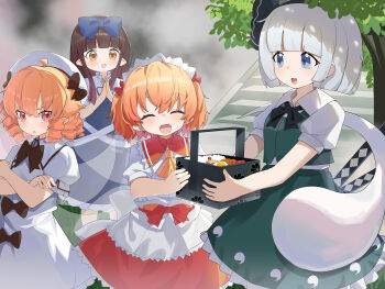  4girls absurdres ascot back_bow bento black_bow black_bowtie black_hairband blonde_hair blue_bow blue_dress blue_eyes blush bow bowtie brown_bow brown_bowtie brown_hair chinese_commentary closed_eyes collared_shirt commentary_request crossed_arms dress drill_hair fairy fairy_wings fangs frilled_skirt frills green_skirt green_vest grey_hair hair_bow hairband hat highres hitodama hitodama_print holding holding_bento hxj_(2324184595) katana konpaku_youmu konpaku_youmu_(ghost) luna_child multiple_girls open_mouth orange_hair outdoors own_hands_together palms_together pointy_ears puffy_short_sleeves puffy_sleeves red_skirt shirt short_sleeves skirt skirt_set smile stairs star_sapphire sunny_milk sword touhou vest weapon white_bow white_dress white_hat white_shirt wings yellow_ascot yellow_eyes 
