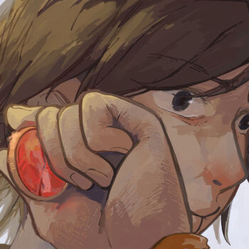  1boy absurdres animification black_eyes brown_hair close-up closed_mouth commentary core_medal english_commentary fingernails hand_up highres hino_eiji holding kamen_rider kamen_rider_ooo_(series) male_focus solo wero 