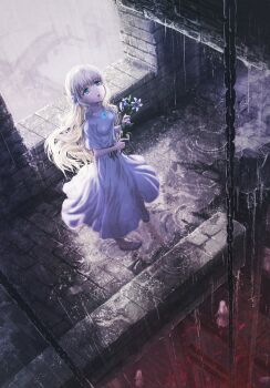  5girls absurdres black_ribbon blue_eyes castle clone commentary_request dress dys ender_lilies_quietus_of_the_knights flower from_above full_body hair_ornament highres holding holding_flower jewelry lily_(ender_lilies) lily_(flower) long_hair looking_up multiple_girls necklace open_mouth outdoors pendant petals rain red_petals ribbon short_sleeves solo_focus standing white_dress white_hair white_petals 