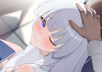  1boy 1girl ;) absurdres alternate_costume arm_at_side bare_shoulders blue_archive blue_halo blunt_bangs blurry blurry_background blush book book_on_lap breasts closed_mouth commentary dress from_above grey_hair halo hand_on_another's_head hetero highres indoors lanhua227 long_hair long_sleeves looking_at_viewer looking_back looking_up mechanical_halo medium_breasts multicolored_halo noa_(blue_archive) one_eye_closed pov pov_hands purple_eyes ribbed_dress ribbed_sweater sideboob sitting skindentation sleeveless sleeveless_dress sleeveless_sweater smile solo_focus sweater sweater_dress table tile_floor tiles two-tone_halo white_dress white_halo white_sweater 