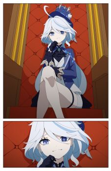  1girl absurdres ahoge artist_name ascot black_ascot black_gloves blue_eyes blue_hair blue_hat closed_mouth commentary crossed_legs daydarion english_commentary furina_(genshin_impact) genshin_impact gloves hat highres long_hair multicolored_hair ouji_fashion shorts sitting sitting_on_throne smile solo streaked_hair throne top_hat very_long_hair white_hair white_shorts 