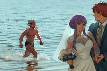  1girl 2boys bouquet bride commentary dress fern_(sousou_no_frieren) flower formal_clothes frieren groom hair_up highres holding holding_bouquet jewelry kraft_(sousou_no_frieren) looking_at_another male_swimwear meme multiple_boys muscular muscular_male photo_background purple_eyes purple_hair red_hair ring short_hair_with_long_locks sousou_no_frieren stark_(sousou_no_frieren) suit swim_briefs symbol-only_commentary tatjasng12 wedding_dress wedding_ring white_dress 