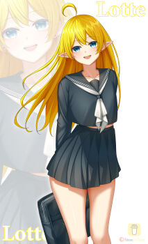  1girl :d absurdres ahoge arms_behind_back bag black_sailor_collar black_serafuku black_shirt black_skirt blonde_hair blue_eyes blush collarbone commission commissioner_upload earrings elf flat_chest high-waist_skirt highres holding holding_bag jewelry legs long_hair long_sleeves looking_at_viewer lori_hagami lotte_farona midriff_peek miniskirt neckerchief official_art open_mouth pleated_skirt pointy_ears sailor_collar school_bag school_uniform serafuku shirt simple_background skirt smile solo standing teeth thighs upper_teeth_only very_long_hair ways_of_darkness_(series) white_background white_neckerchief zoom_layer 