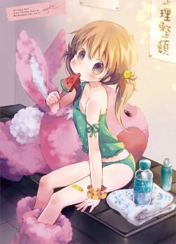  1girl animal_costume arm_support artist_name bandaid bandaid_on_leg bare_arms bare_shoulders blurry blush bottle brown_eyes brown_hair camisole commentary_request depth_of_field food green_camisole green_panties hair_between_eyes hair_ornament highres holding holding_food kuga_tsukasa loli long_hair looking_at_viewer mascot_costume mascot_head original panties parted_lips popsicle print_camisole rabbit_costume scrunchie sign sitting smiley_face solo star_(symbol) star_print strap_slip striped_clothes striped_panties twintails underwear underwear_only water_bottle watermelon_bar wrist_scrunchie yellow_scrunchie 
