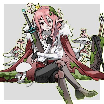  1boy absurdres androgynous animalization animification arrow_(projectile) ascot bird bishounen black_pants boots border braid brown_boots cape crossed_legs crown fur-trimmed_cape fur_trim gold_crown grey_background hair_between_eyes highres holding holding_sword holding_weapon humanization long_hair long_sleeves looking_at_viewer male_focus minecraft minecraft_sword minecraft_youtube mini_crown mushroom outside_border pants person_and_animalization pig_(minecraft) pink_hair pointed_crown pointy_ears qu_le_hua_yuan_yuan_zhu_min quiver red_cape red_eyes shirt side_braid simple_background single_braid sitting solo sword technoblade watermark weapon white_ascot white_border white_shirt 