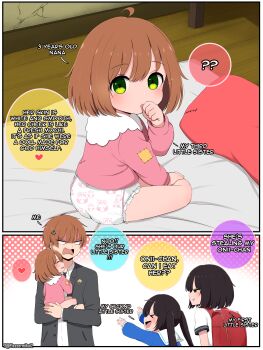  >_< 1boy 3girls :t ? ?? absurdres aged_down ahoge anger_vein animal_print backpack bag black_hair blank_eyes blazer blue_shirt blush brother_and_sister brown_hair carrying child_carry commentary crack cracked_wall diaper eleazarmikai emblem english_commentary english_text futon grey_jacket hana_(eleazarmikai) heart highres jacket kanna_(eleazarmikai) long_hair looking_back multiple_girls nana_(eleazarmikai) on_floor onii-chan_(eleazarmikai) open_clothes open_jacket open_mouth original outstretched_arms patch pillow pink_shirt pout rabbit_print randoseru red_bag sailor_collar school_uniform shaded_face shirt short_hair short_sleeves siblings sideways_mouth sisters sitting spoken_heart spoken_question_mark stitched third-party_edit thumb_sucking toddler twintails twitter_username white_sailor_collar white_shirt wooden_floor 