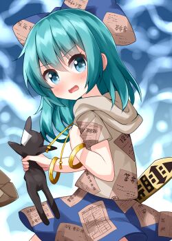  1girl alternate_hair_color blue_background blue_bow blue_eyes blue_hair blue_skirt blush bow bowl bracelet commentary_request cosplay from_side gradient_background grey_shirt grey_sleeves hair_between_eyes hair_bow hands_up highres hood hoodie jewelry looking_to_the_side medium_hair one-hour_drawing_challenge open_mouth ruu_(tksymkw) seiza shiki_eiki shirt short_sleeves sitting skirt solo stuffed_animal stuffed_toy touhou toy yorigami_shion yorigami_shion_(cosplay) 