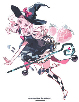  1girl absurdres argyle_clothes argyle_thighhighs black_dress bow commission dress food frilled_dress frills fruit hat hat_bow highres layered_dress long_hair long_sidelocks no_shoes original outstretched_arm parted_bangs pink_bow pink_eyes pink_hair puffy_short_sleeves puffy_sleeves pukiko99 short_sleeves sidelocks simple_background solo staff strawberry white_background witch_hat 