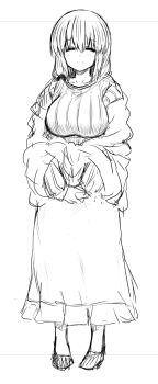 1girl blush breasts closed_eyes coat collarbone full_body highres large_breasts long_hair long_skirt low_side_ponytail mature_female monochrome shoes side_ponytail skirt solo sweater take_(shokumu-taiman) uzaki-chan_wa_asobitai! uzaki_tsuki