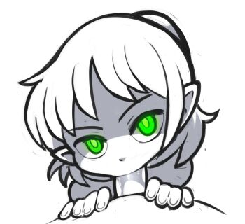  1boy 1girl commentary english_commentary fellatio green_eyes greyscale highres looking_at_viewer mizuhashi_parsee monochrome notepaddy oral penis pointy_ears pov pov_crotch short_hair simple_background solo_focus spot_color touhou uncensored 