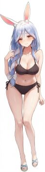  1girl absurdres alternate_costume animal_ear_fluff animal_ears bikini black_bikini blue_hair braid breasts cleavage commentary_request full_body highres hololive k_at_ie_(hxk82) large_breasts long_hair looking_at_viewer mature_female multicolored_hair navel pekomama rabbit_ears rabbit_girl red_eyes short_eyebrows side-tie_bikini_bottom smile solo stomach swimsuit thick_eyebrows thighs two-tone_hair virtual_youtuber white_hair 