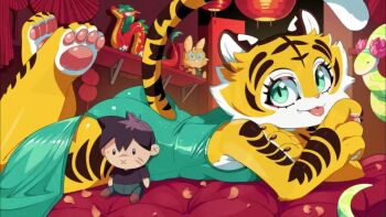  1girl :3 animal_ears animal_feet animal_hands animal_nose animated aqua_dress aqua_eyes artist_name ass audible_music aura_(drawligator) bare_shoulders barefoot body_fur breasts brown_fur character_doll china_dress chinese_clothes claws closed_mouth clothing_cutout crossed_arms doll drawligator dress fang fang_out feet feet_up female_focus from_side furry furry_female happy indoors lantern looking_at_viewer lying making-of medium_breasts multicolored_fur on_bed on_stomach original paper_lantern pawpads pelvic_curtain petals shelf sideboob signature sleeveless sleeveless_dress smile snake soles solo sound striped_fur striped_tail tagme tail tail_raised tail_through_clothes tiger_ears tiger_girl tiger_tail toes tongue tongue_out video white_fur yellow_fur 