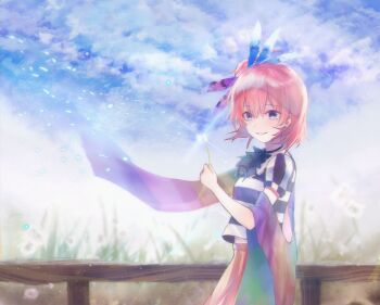  1girl dandelion fence flower hair_ribbon highres holding holding_flower outdoors pink_hair red_eyes ribbon samsara_(reddiamond) short_hair sky smile solo wind yahari_ore_no_seishun_lovecome_wa_machigatteiru. yuigahama_yui 