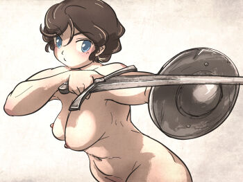  1girl blue_eyes blush breasts brown_hair commentary completely_nude english_commentary fighting_stance holding holding_shield holding_sword holding_weapon ironlily large_breasts navel nipples no_pupils nude original shield short_hair simple_background sword weapon weapons_instructor_(ironlily) 