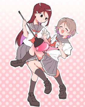 2girls :d ^_^ absurdres black_shoes black_socks blush closed_eyes closed_mouth commentary gradient_background grey_hair grey_sailor_collar grey_skirt hair_ornament hairclip half_updo heart_out_of_chest highres holding_plunger kiko_ycr long_hair love_live! love_live!_sunshine!! miniskirt multiple_girls neckerchief open_mouth pink_background pleated_skirt plunger polka_dot polka_dot_background red_hair red_neckerchief sailor_collar sakurauchi_riko school_uniform serafuku shirt shoes short_hair short_sleeves skirt smile socks summer_uniform symbol-only_commentary uranohoshi_school_uniform watanabe_you white_shirt yellow_eyes 
