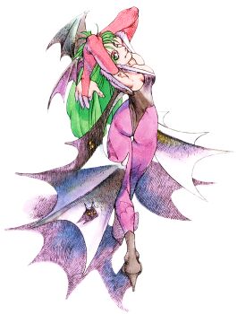  1990s_(style) 1girl animal_print arms_up ass bat_wings bengus boots breasts bridal_gauntlets capcom cleavage demon_girl full_body green_eyes green_hair head_wings high_heels leotard long_hair morrigan_aensland official_art painting_(medium) pantyhose print_pantyhose purple_pantyhose retro_artstyle smile solo standing thigh_gap traditional_media twisted_torso darkstalkers watercolor_(medium) wings  rating:Sensitive score:20 user:danbooru
