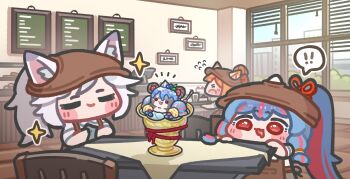  ! 3girls blue_hair brown_hat cafe chibi chibi_only commentary_request druid_kanna eight-tailed_fox_nari eunha_(guardian_tales) flying_sweatdrops food guardian_tales hat highres ice_cream korean_commentary monyami multiple_girls open_mouth orange_hair ponytail red_eyes red_ribbon ribbon sparkle spoken_exclamation_mark white_hair window 