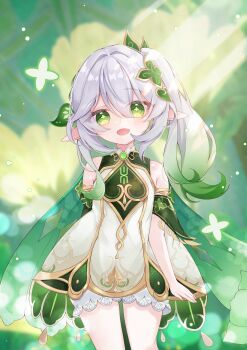  1girl absurdres arm_behind_back bare_shoulders bloomers blush commentary_request day detached_sleeves dress genshin_impact gold_trim gradient_hair green_eyes green_hair green_sleeves hair_between_eyes hair_ornament highres leaf_hair_ornament long_hair looking_at_viewer multicolored_hair nahida_(genshin_impact) nayuuchan open_mouth outdoors pointy_ears side_ponytail sleeveless sleeveless_dress solo star-shaped_pupils star_(symbol) symbol-shaped_pupils underwear white_bloomers white_dress white_hair  rating:General score:7 user:danbooru