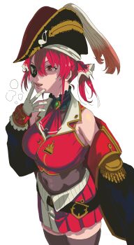  1girl commentary english_commentary eyepatch fang hat highres hololive houshou_marine houshou_marine_(1st_costume) off_shoulder pirate pirate_hat red_eyes red_hair simple_background solo starhump twintails virtual_youtuber white_background 