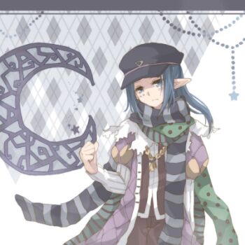  1boy alternate_color black_hat black_pants black_shirt blue_eyes blue_hair closed_mouth coat commentary_request crescent expressionless green_scarf grey_background grey_scarf hat kawachi_(hina) long_hair looking_at_viewer lowres male_focus minstrel_(ragnarok_online) newsboy_cap open_clothes open_coat pants plaid_background pointy_ears polka_dot polka_dot_scarf purple_coat ragnarok_online scarf shirt solo striped_clothes striped_scarf upper_body 