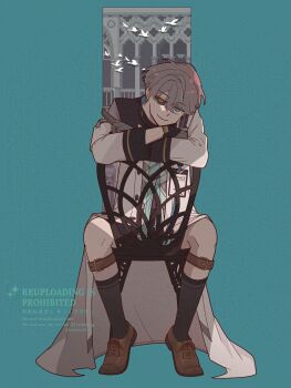  1boy adversarial_noise amanatsu_(amanatu5069) black_sclera black_shorts black_socks blue_background blue_eyes brown_shoes chair coat colored_sclera commentary_request crossed_arms full_body gloves grey_gloves grey_hair heterochromia highres id_card legwear_garter looking_at_viewer male_focus mismatched_sclera on_chair oxfords reverse:1999 shoes short_hair shorts sitting sitting_backwards smile socks solo watermark white_coat x_(reverse:1999) yellow_eyes 